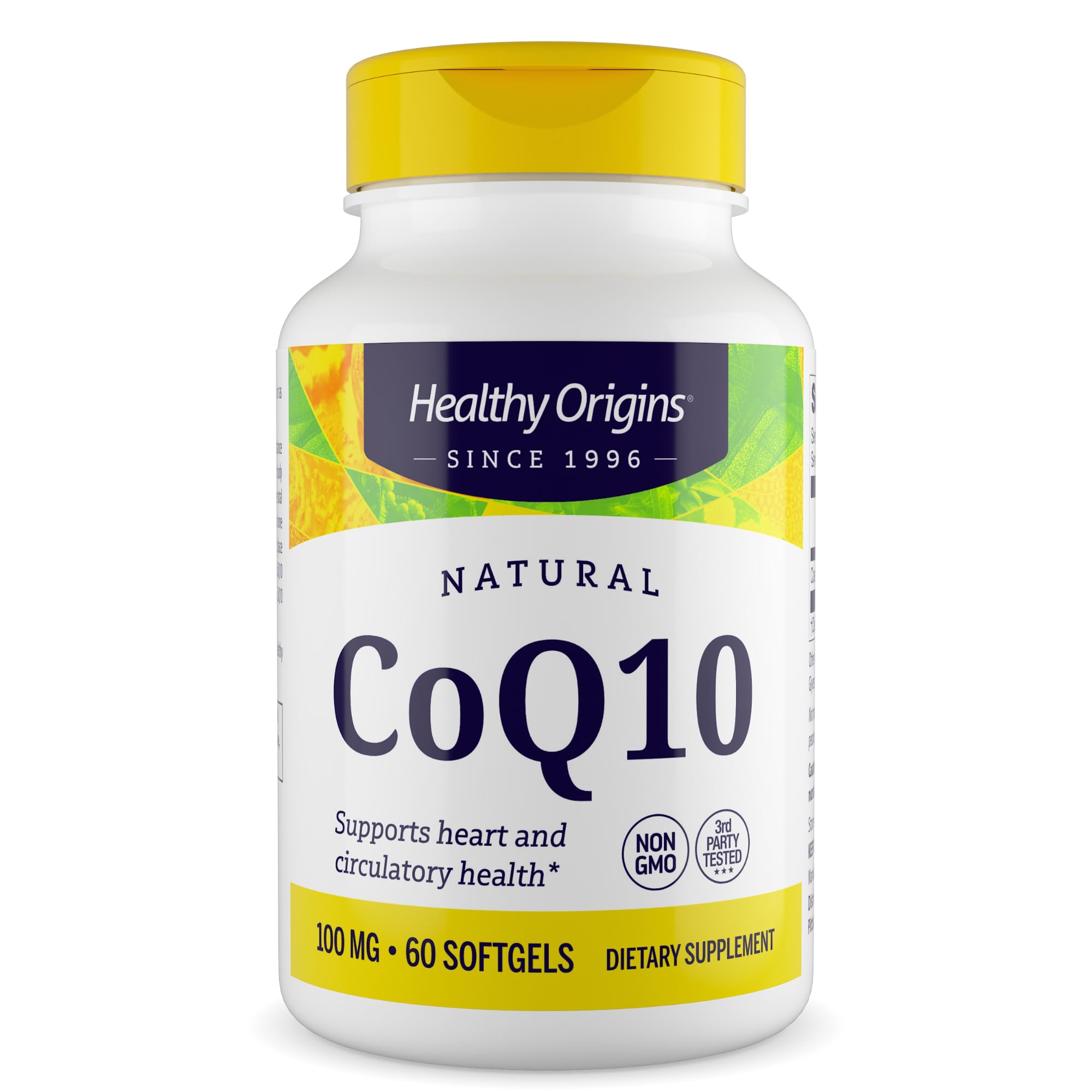 Healthy Origins CoQ10: bouteille affichant 60 gélules et étiquette lisible.