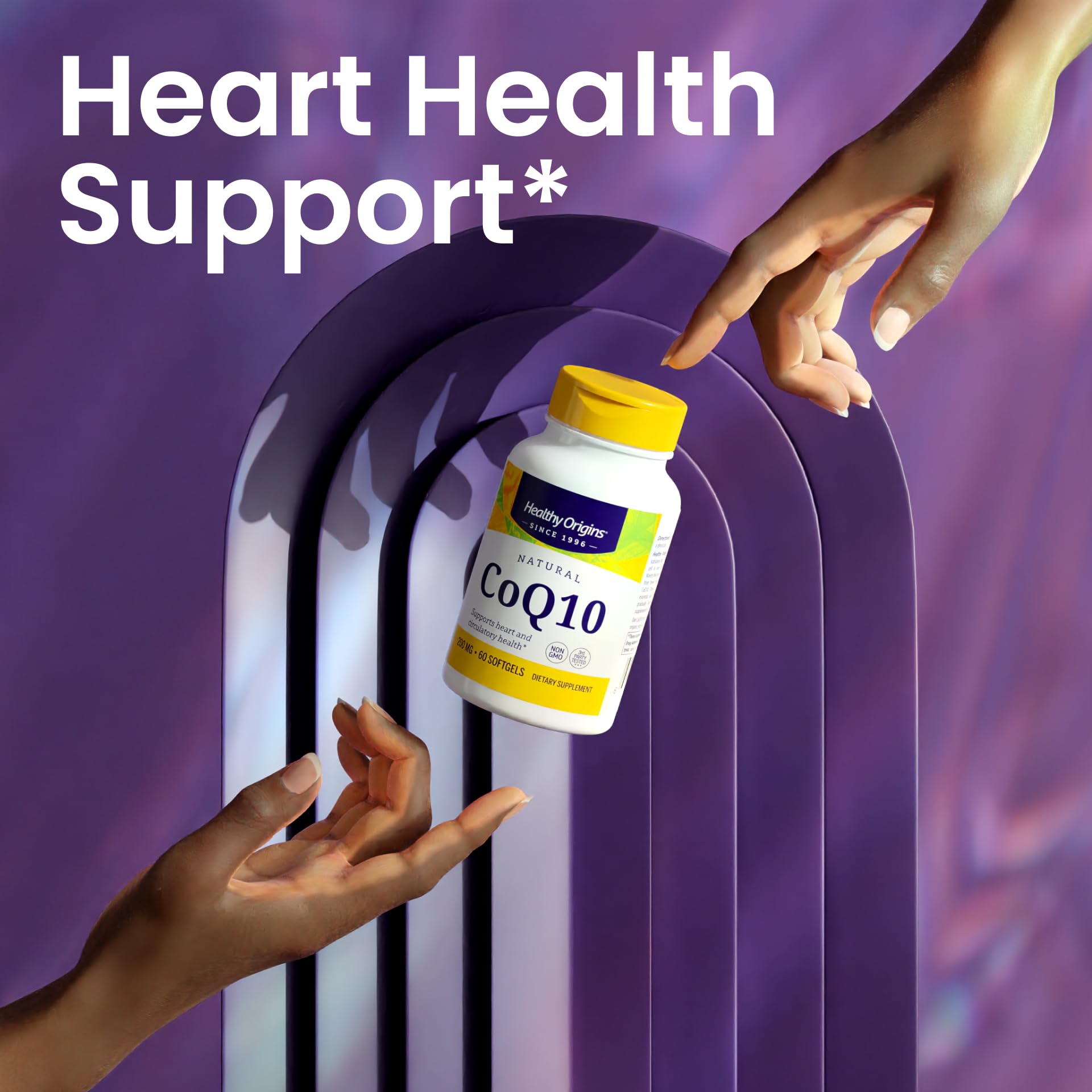 Healthy Origins CoQ10, gélules visibles dans le flacon transparent.