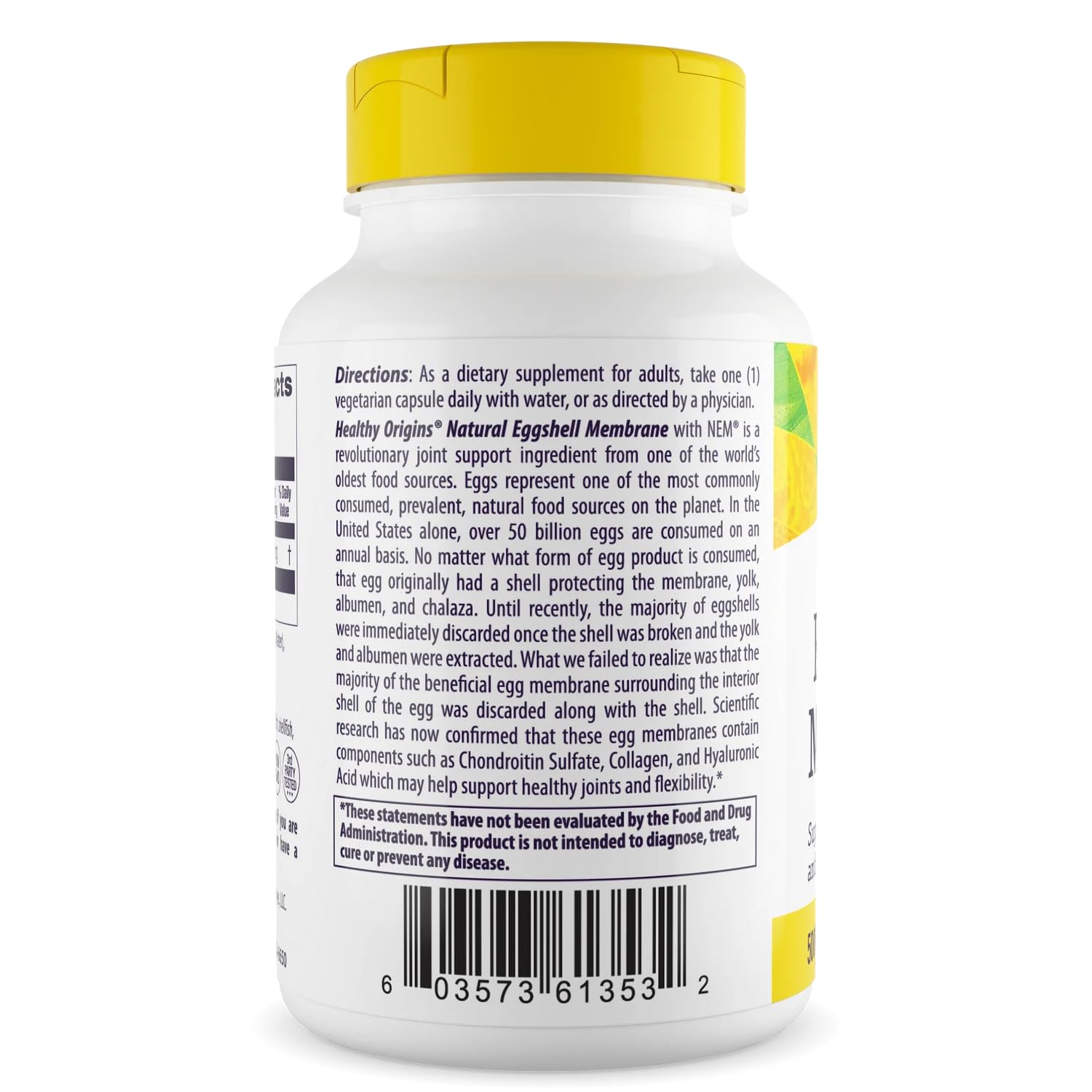 Healthy Origins Eggshell Membrane — etiquette: étiquette informative et ingrédients sans OGM et sans gluten.