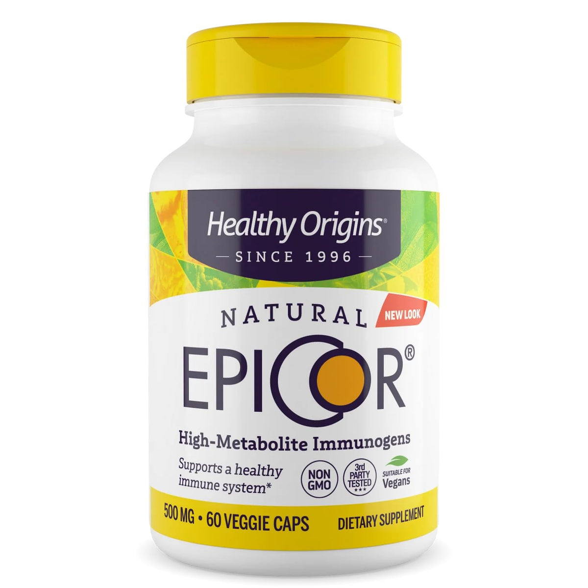 Healthy Origins EpiCor 500 mg – Bouteille, soutien immunitaire potentiel.