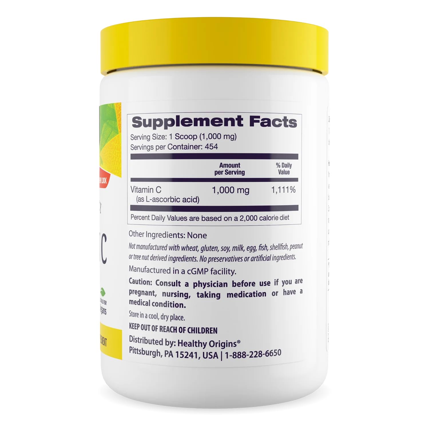 Étiquette Healthy Origins Non-GMO sur poudre vitamine C pour traçabilité.