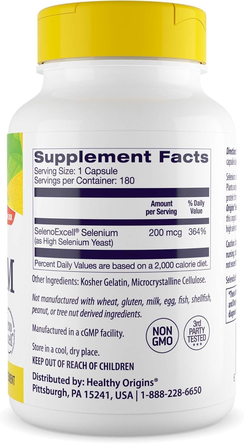 Healthy Origins étiquette sélénium 200 mcg – informations claires pour un dosage sûr.