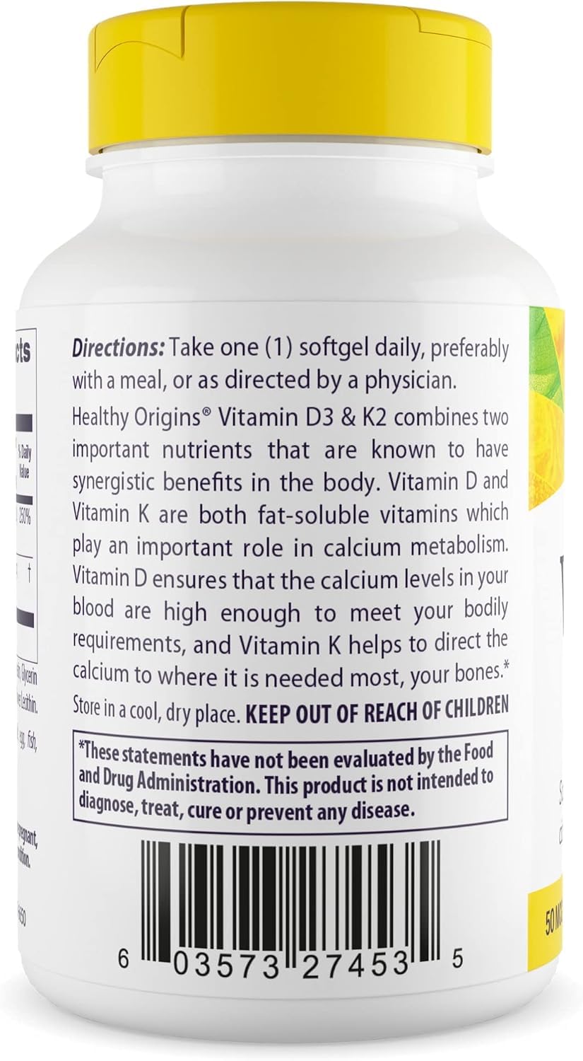 Healthy Origins gélules D3-K2, vue d’ensemble des gélules faciles à avaler.