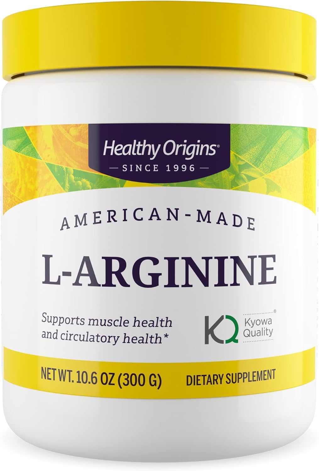 Healthy Origins L-Arginine, bouteille affichant l’étiquette et le message sans gluten et sans OGM.