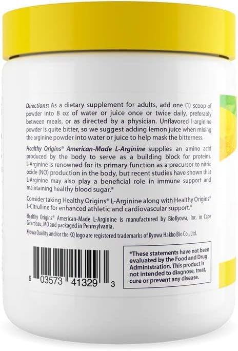 Healthy Origins L-Arginine, étiquette lisible mettant en avant sans gluten.