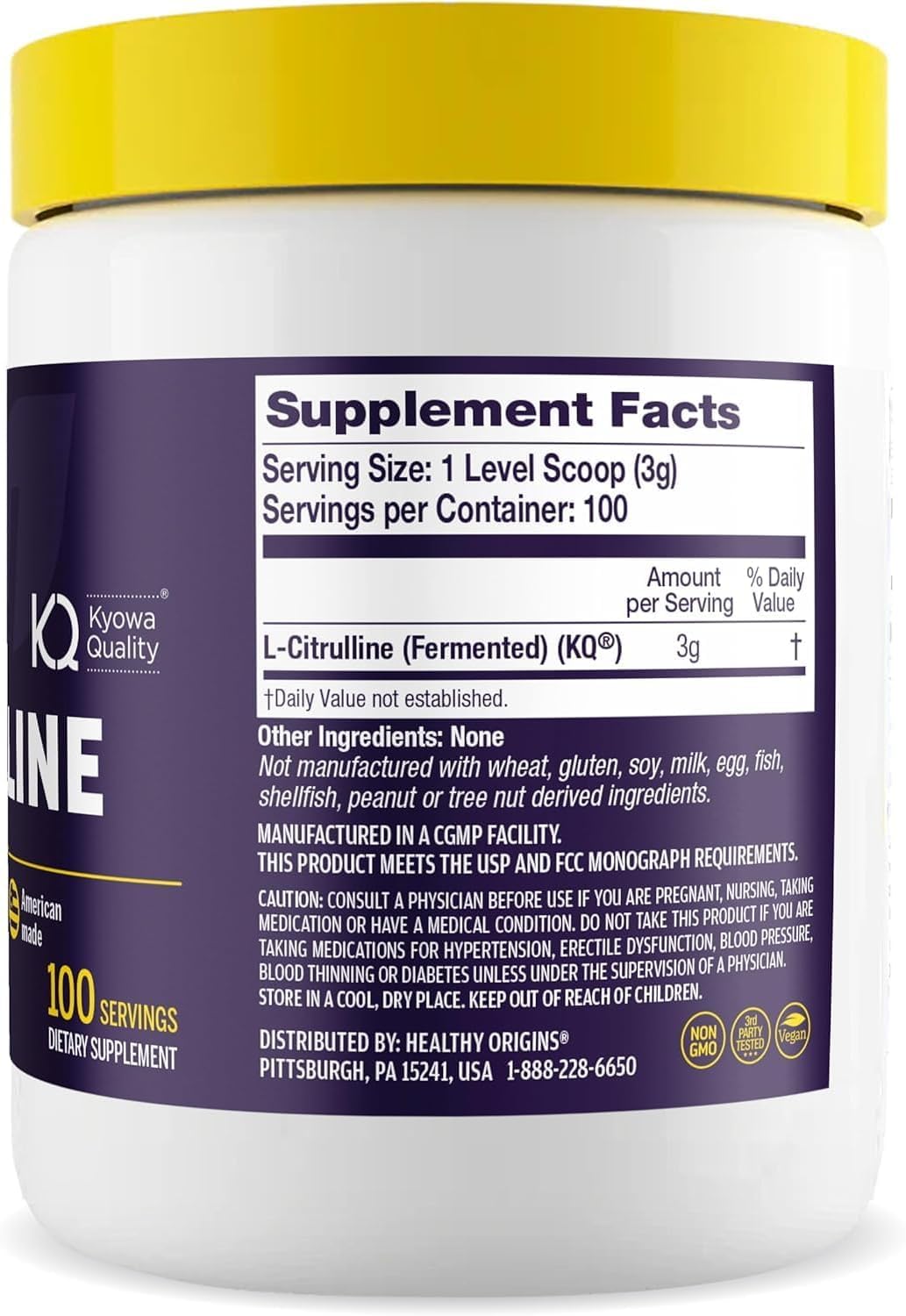 Healthy Origins L-Citrulline — emballage et étiquette reflétant qualité américaine.
