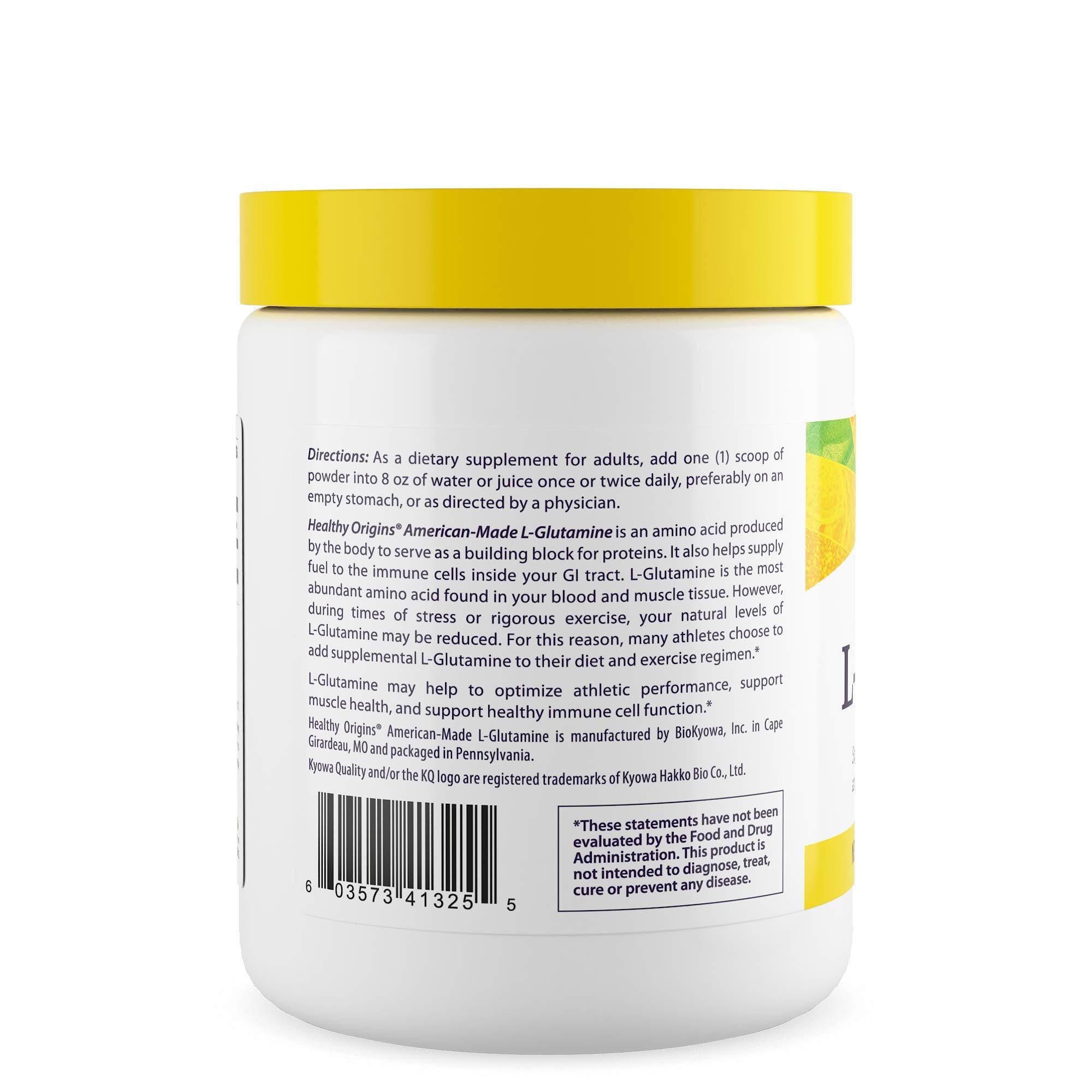 Étiquette lisible de Healthy Origins L-Glutamine, détails nutritionnels et ingrédients