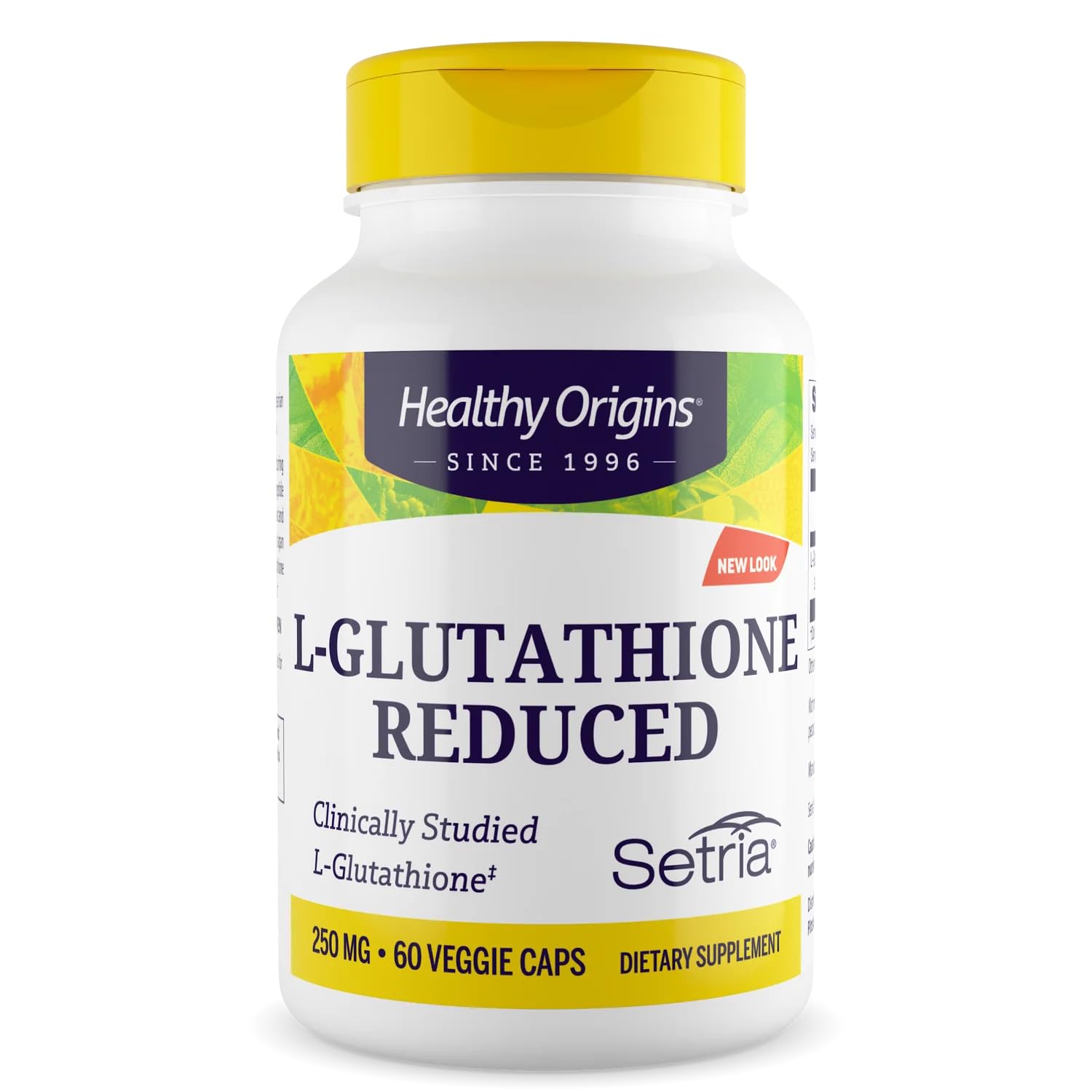 Healthy Origins L-Glutathione, bouteille visible, soutien antioxydant quotidien.
