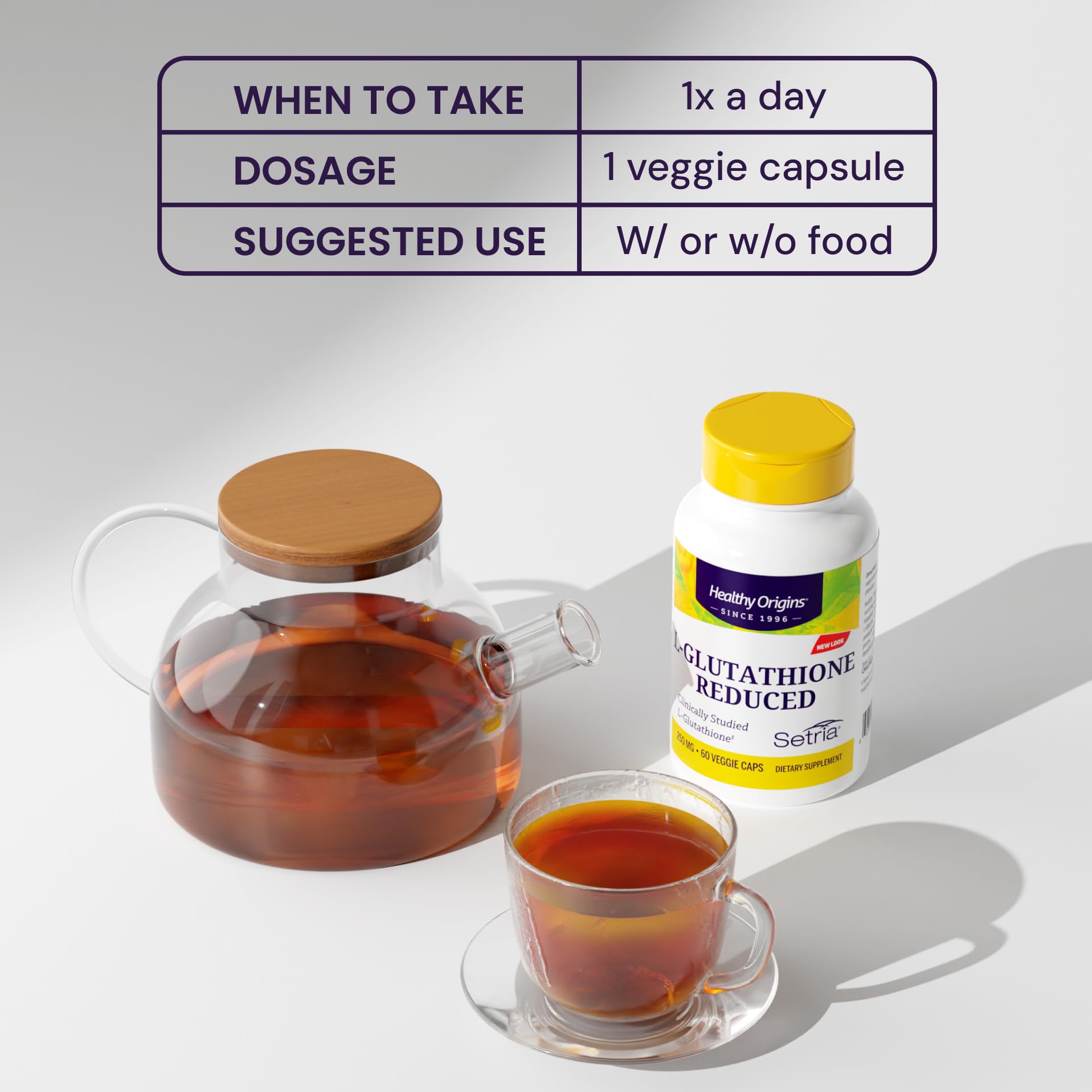 Healthy Origins L-Glutathione – emballage et bouchon visibles
