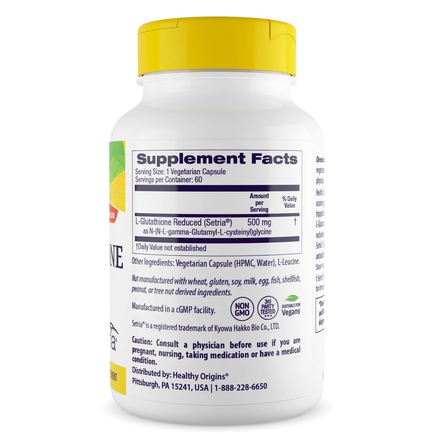 Healthy Origins L-Glutathione, gélules végétales: formulation Setria de haute qualité.