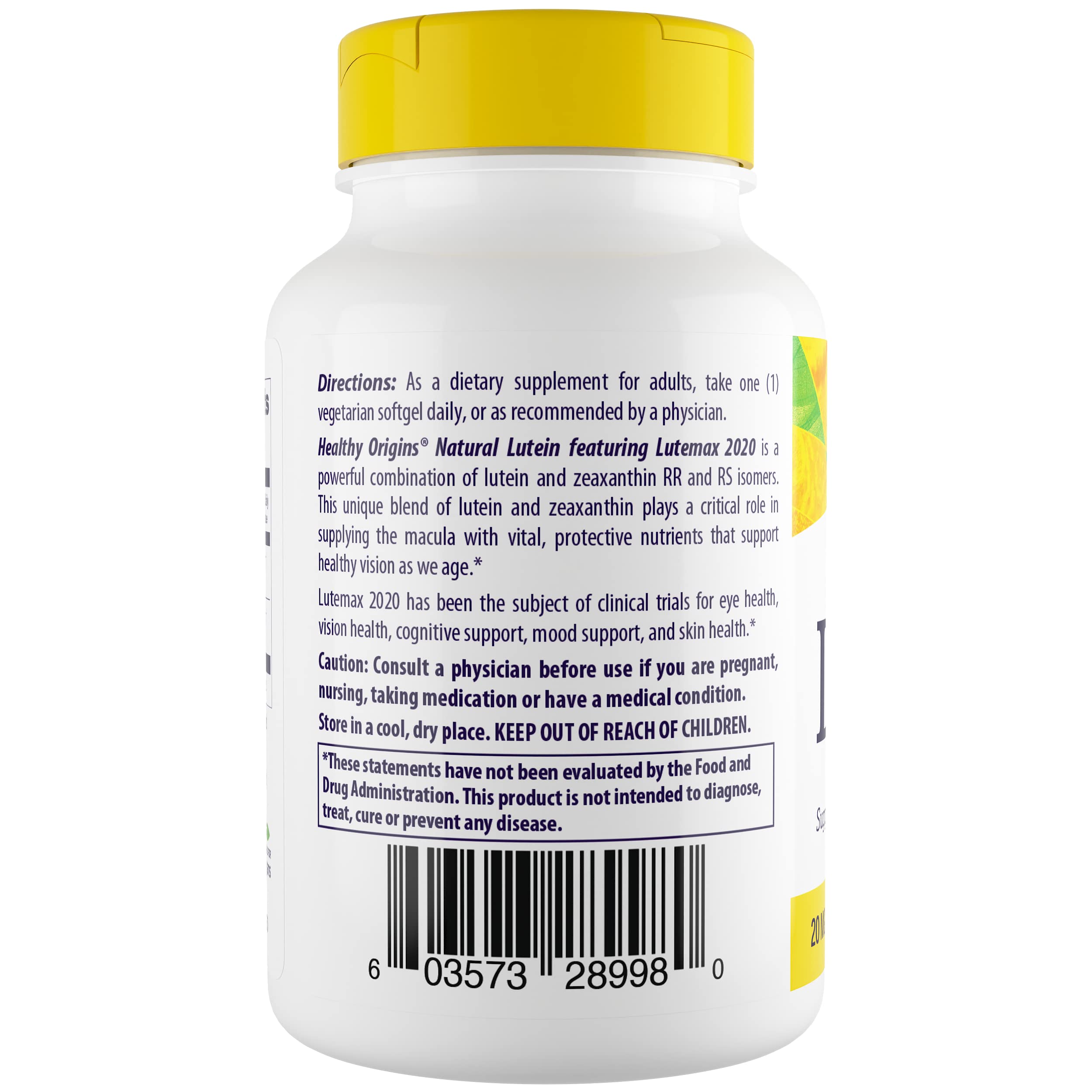 Healthy Origins Lutein 20 mg – Capsules veggie visibles, intégration facile dans la routine.