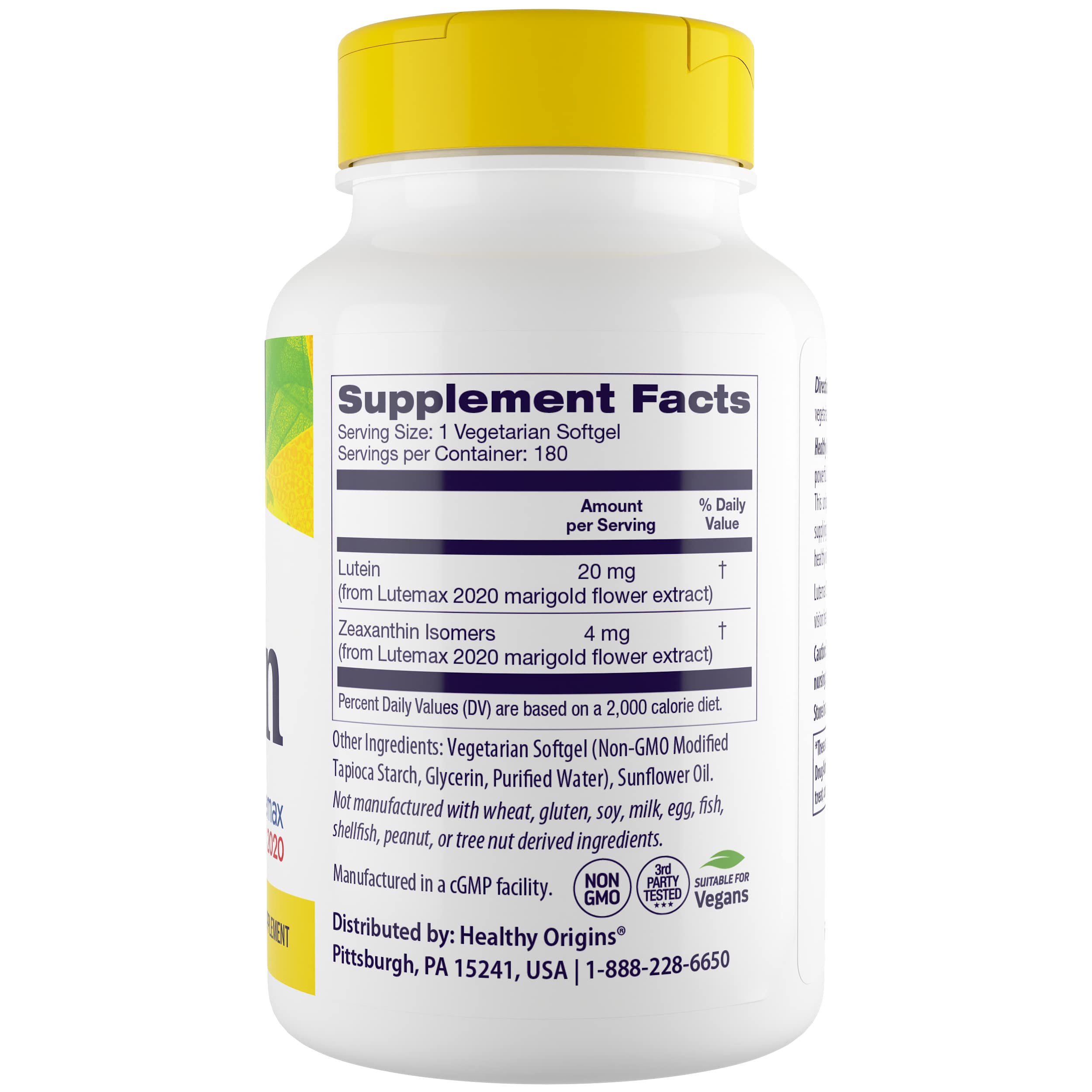 Healthy Origins Lutein 20 mg – Étiquette nutritionnelle lisible, choix clair et transparent.