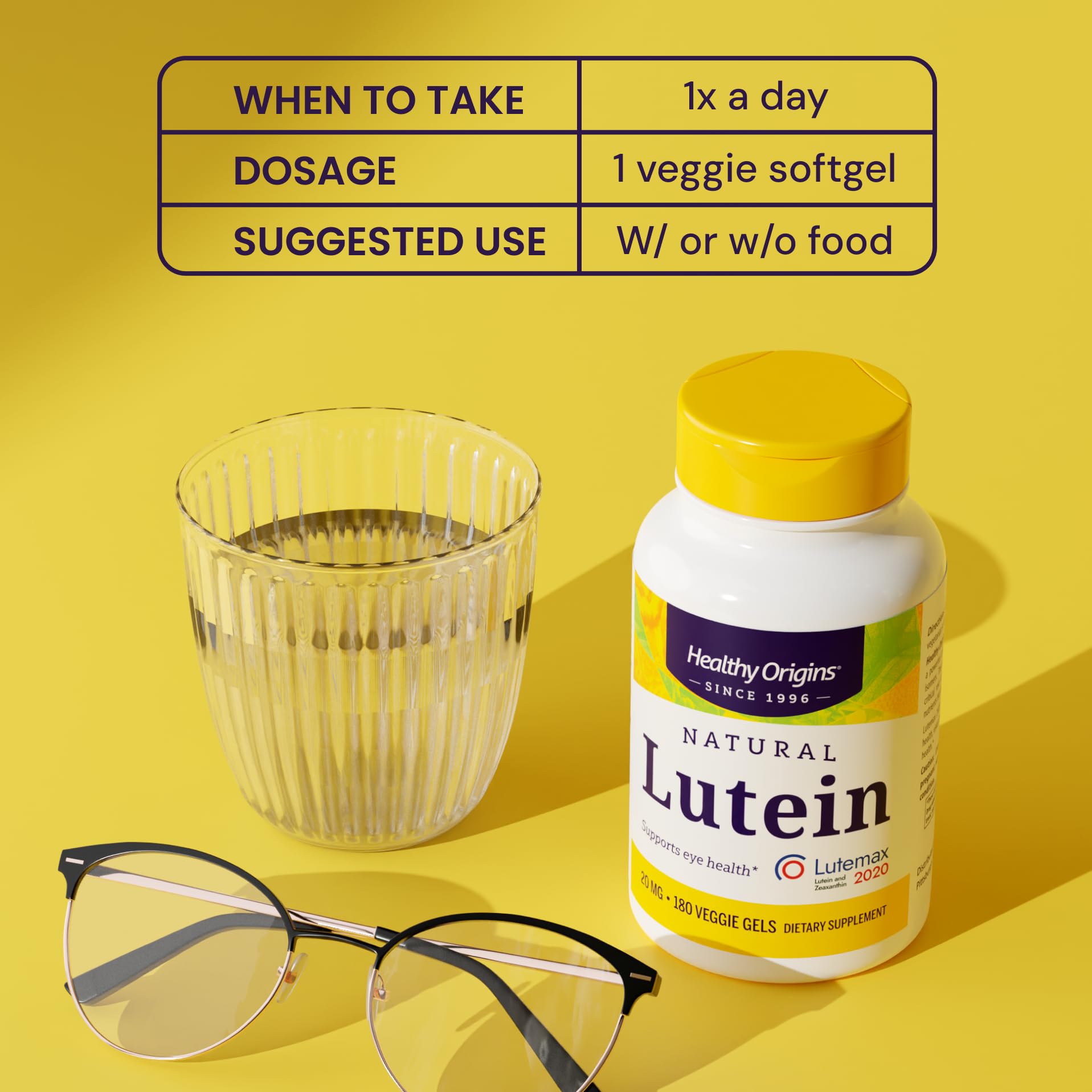 Healthy Origins Lutein 20 mg – Tableau nutrition, informations utiles en un coup d'œil.