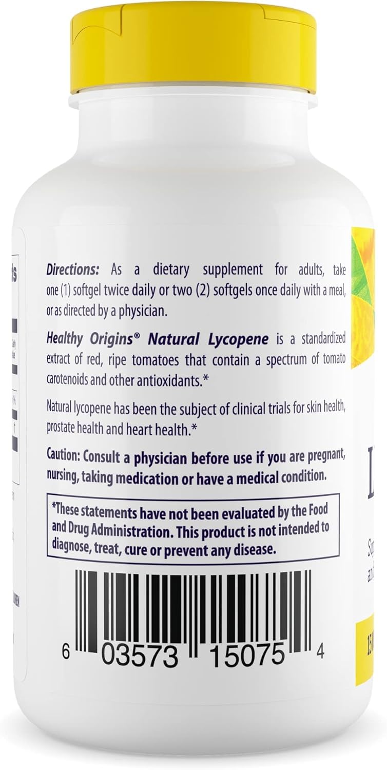 Healthy Origins Lycopène étiquette – information claire sur les ingrédients sans OGM et sans gluten.