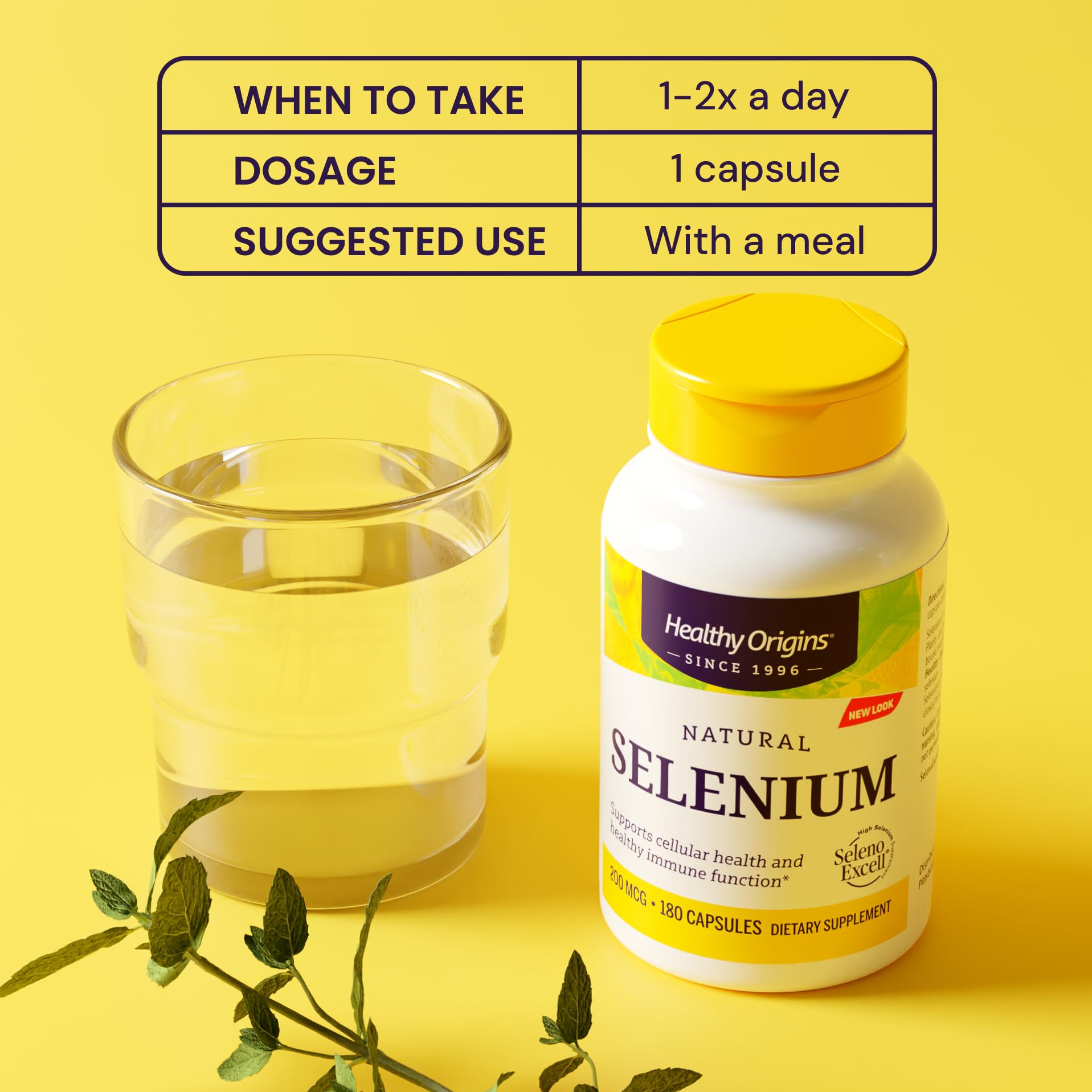 Healthy Origins pose-bouteille sélénium – aperçu visuel du flacon et du dosage.