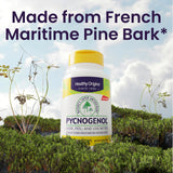 Étiquette Healthy Origins Pycnogenol: packaging avec logo et mentions qualité.