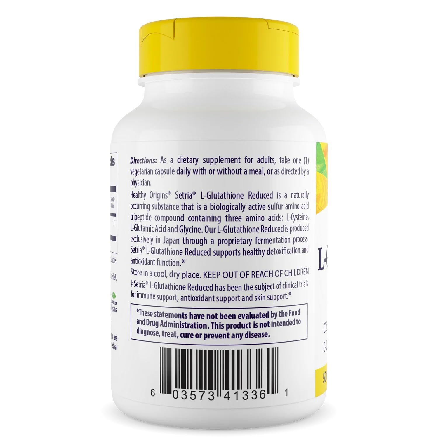 Healthy Origins L-Glutathion, étiquette Setria: traçabilité fiable.