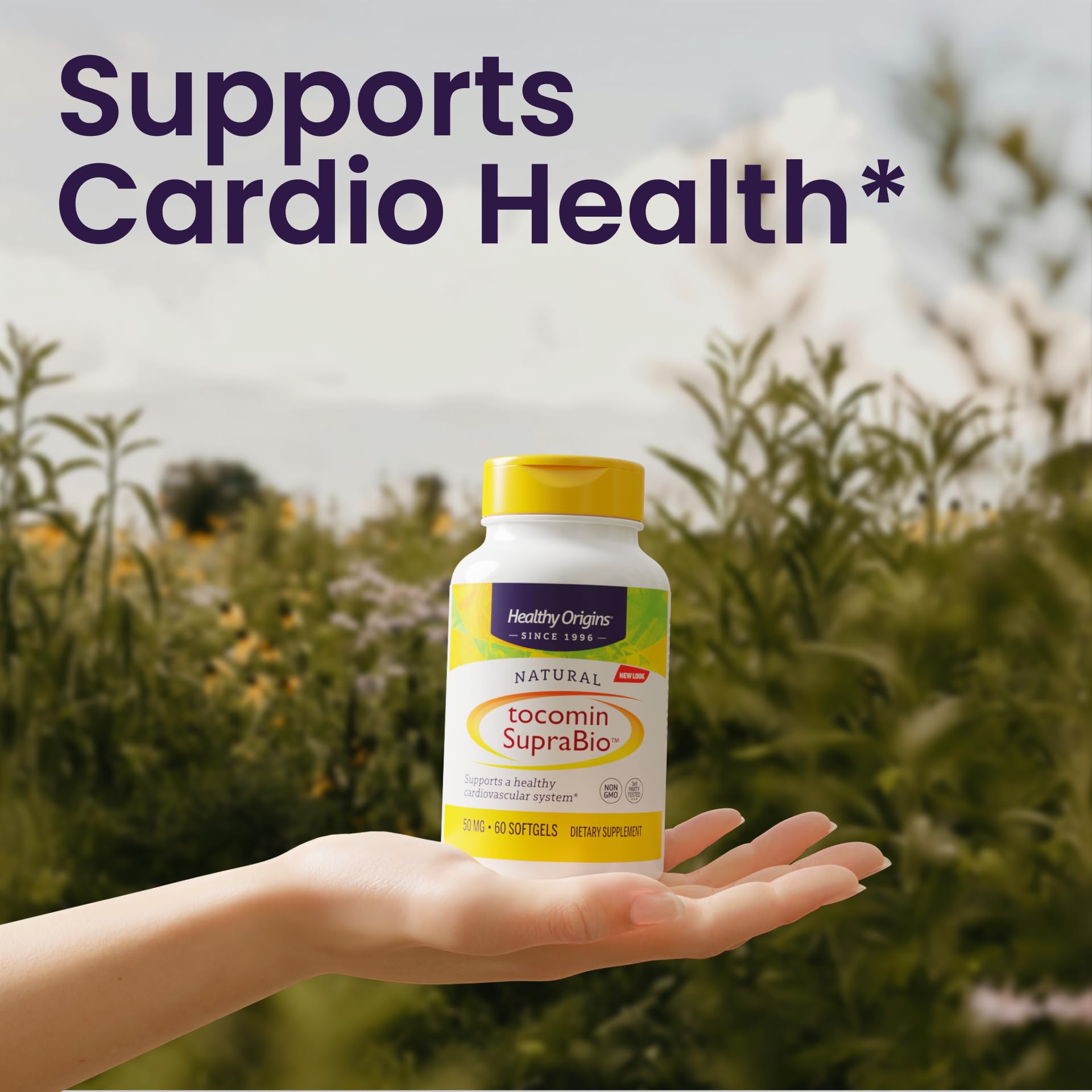 Healthy Origins Tocomin SupraBio – flacon et visuel sans gluten, adapté aux régimes spécifiques.