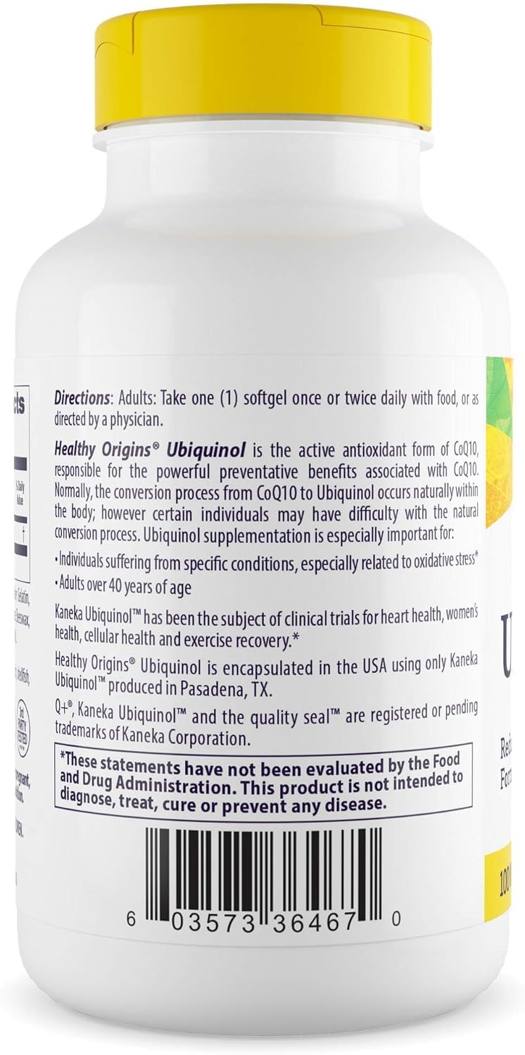 Gélules molles Healthy Origins ubiquinol 100 mg, faciles à avaler.