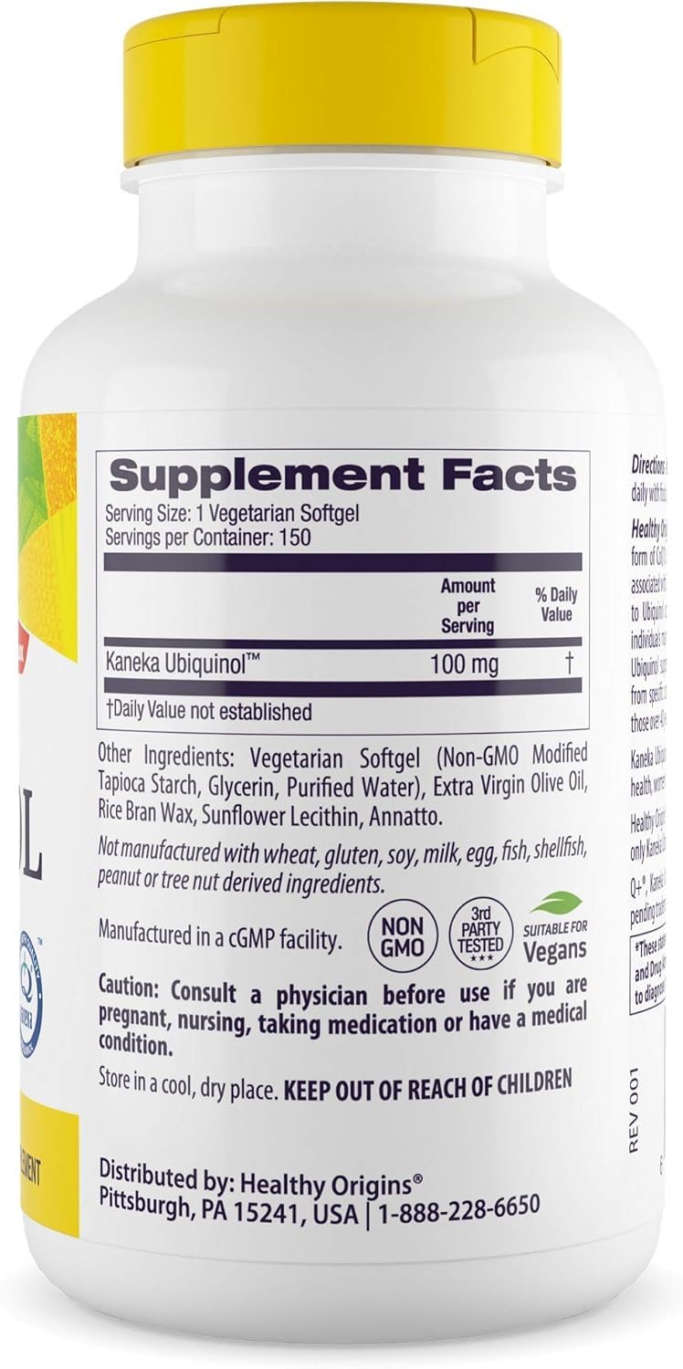 Healthy Origins Ubiquinol, gélules végétales 100 mg pour un soutien actif.