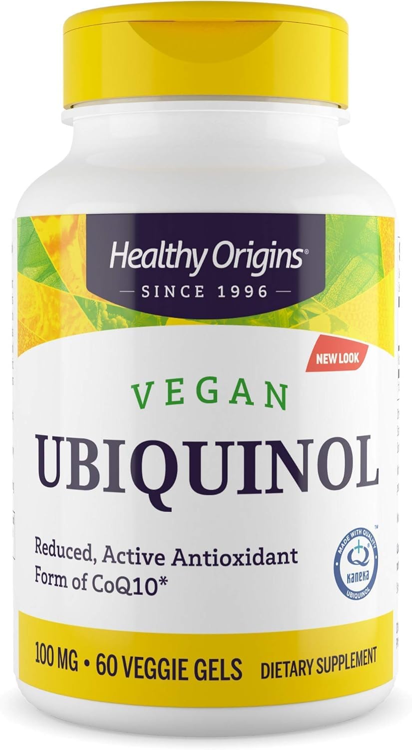 Healthy Origins ubiquinol, bouteille de 60 gélules, formulation vegan et sans gluten.