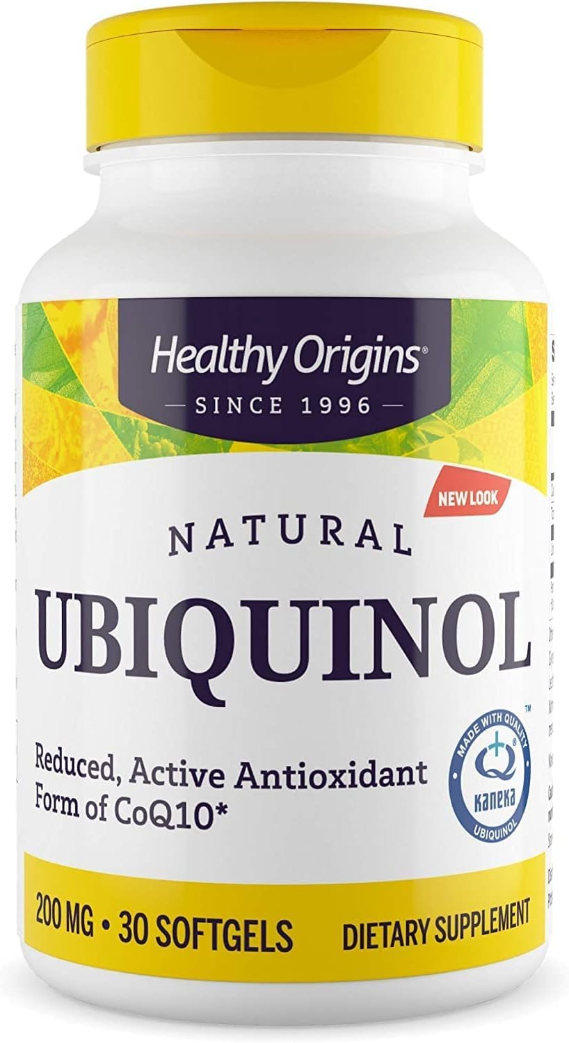 Healthy Origins Ubiquinol : bouteille montrant les capsules molles pour le soutien du cœur.