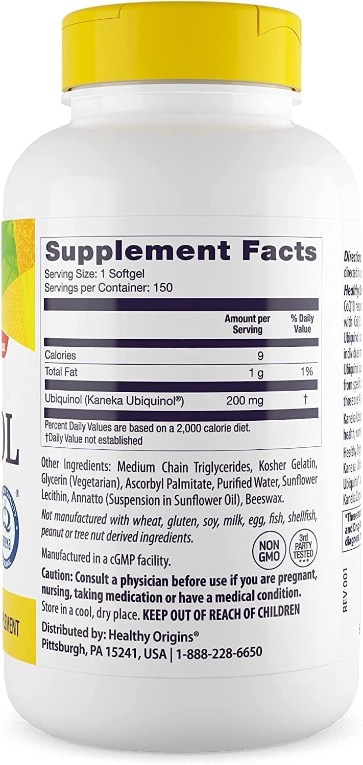 Capsules Healthy Origins Ubiquinol, faciles à avaler pour énergie et vitalité quotidiennes.