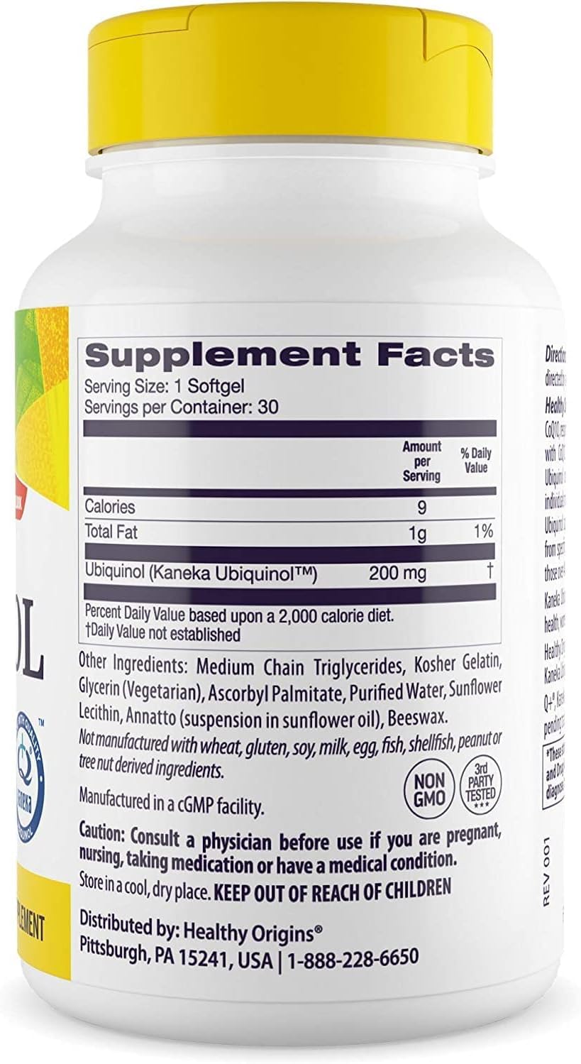Healthy Origins Ubiquinol : capsules molles en gros plan, favorisant l'antioxydant naturel.