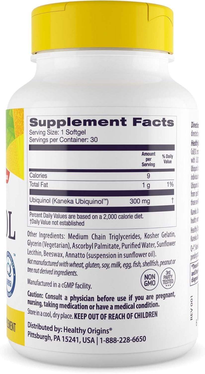 Healthy Origins ubiquinol - capsules molles prêtes pour soutien à la vitalité quotidienne.