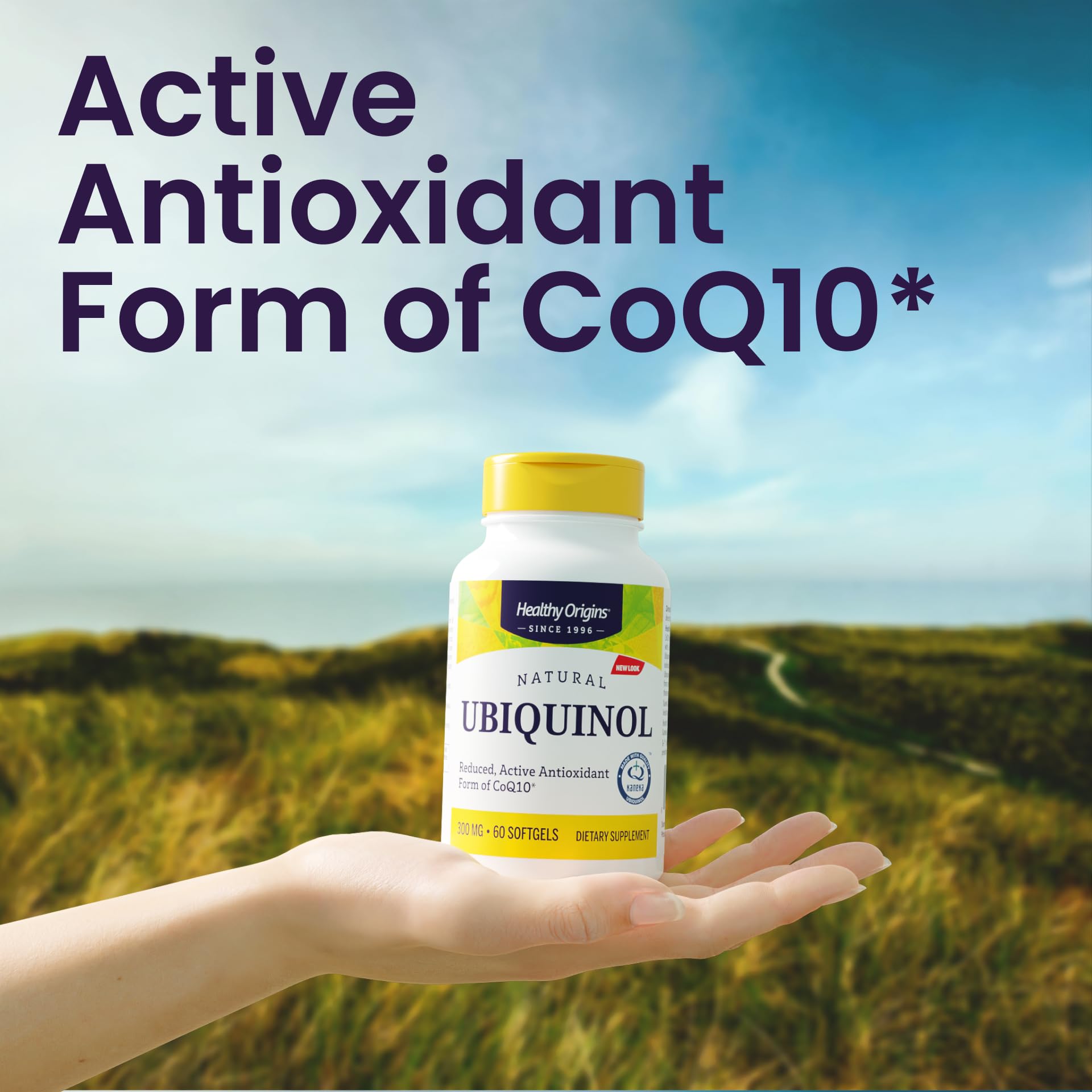 Healthy Origins ubiquinol - dose journalière illustrée pour une absorption efficace.