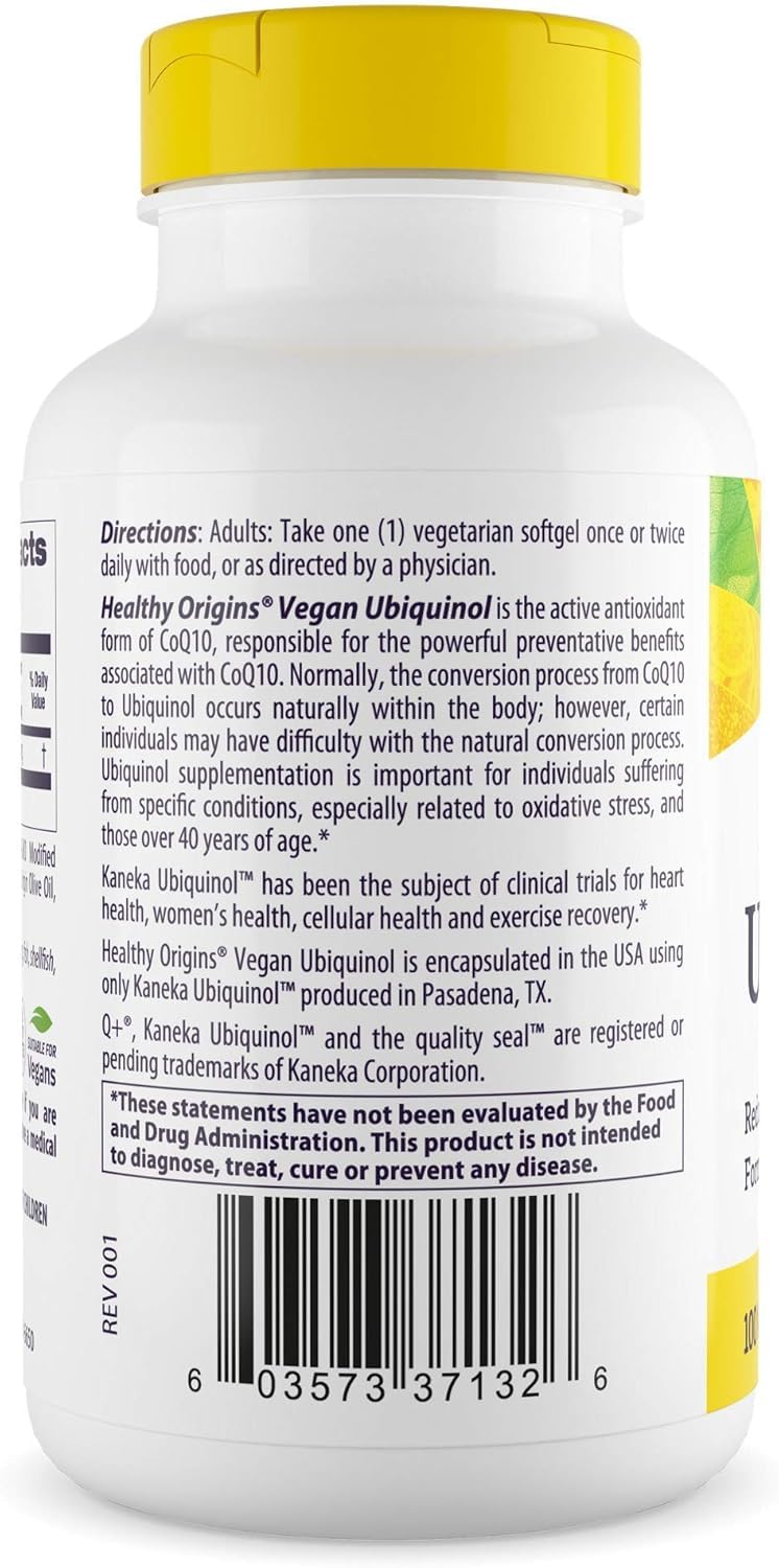 Healthy Origins Ubiquinol, emballage élégant avec informations sur Kaneka et origine sans gluten.