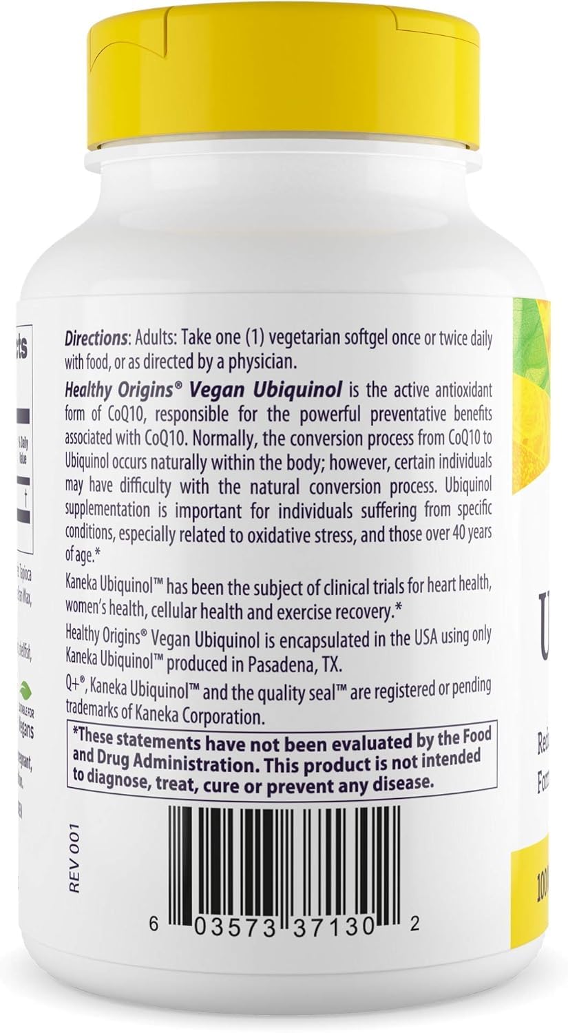 Étiquette sans gluten sur les gélules ubiquinol Healthy Origins.