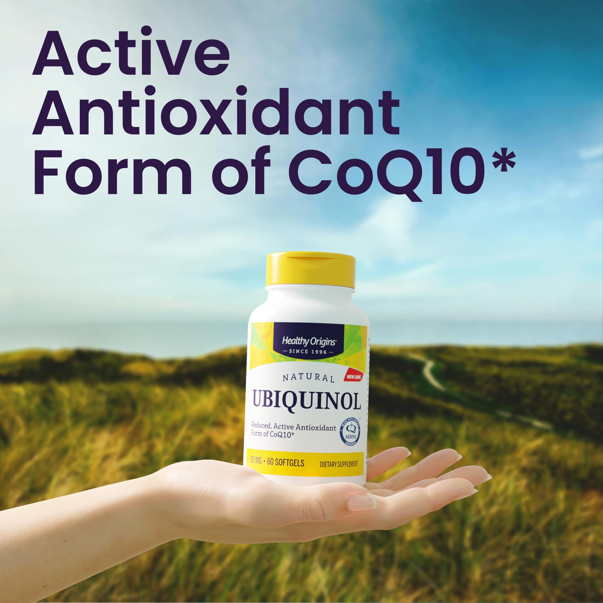Healthy Origins Ubiquinol – etiquette-bouteille, packaging clair et dosage pratique