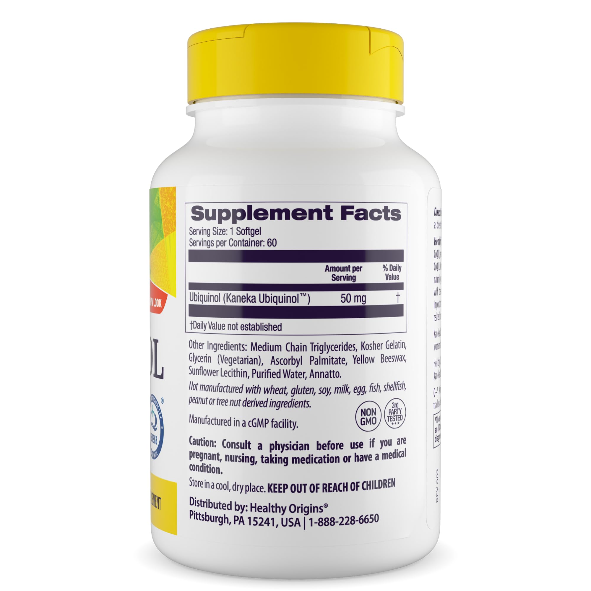 Healthy Origins Ubiquinol – étiquette montrant la forme active du CoQ10 pour l'apport quotidien