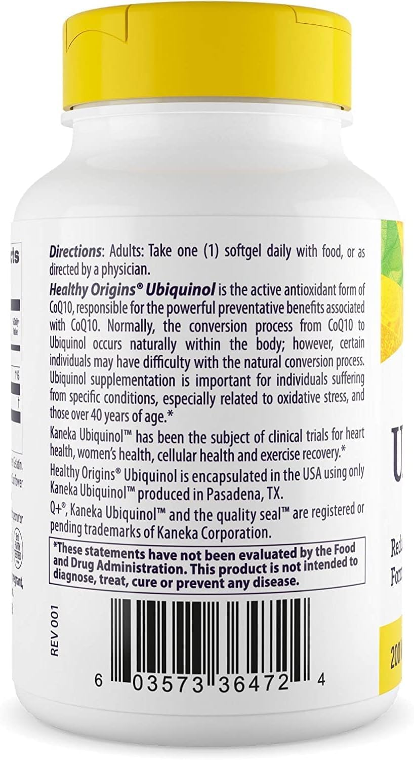 Healthy Origins Ubiquinol : étiquette indiquant sans gluten et sans OGM.