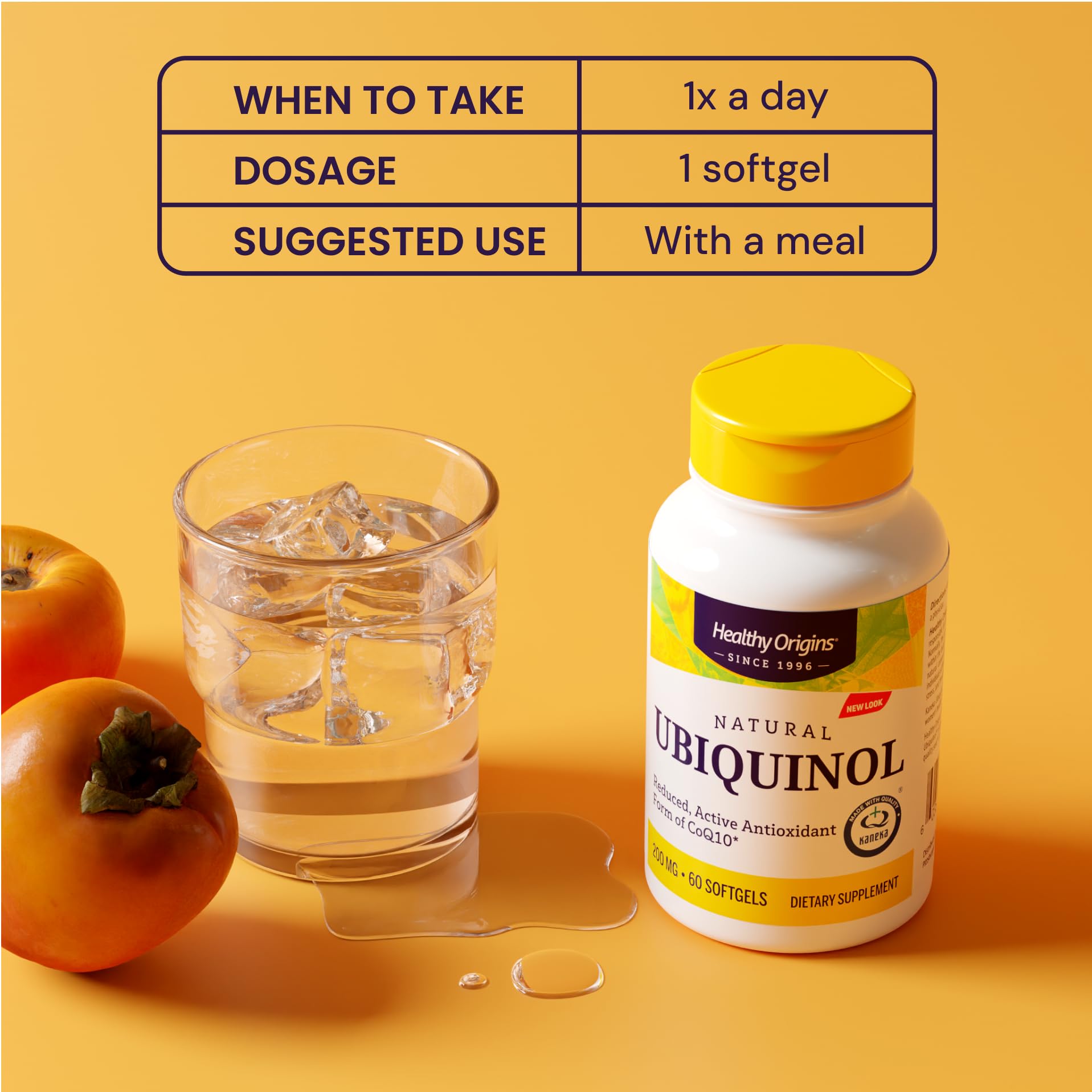 Healthy Origins Ubiquinol: flacon translucide mettant en valeur les capsules dorées.