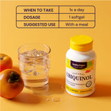 Healthy Origins Ubiquinol: flacon translucide mettant en valeur les capsules dorées.