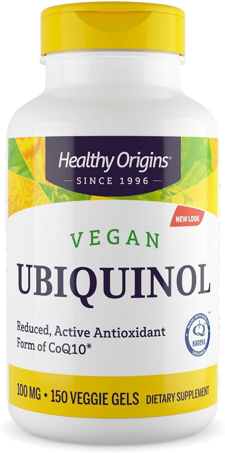 Healthy Origins Ubiquinol, flacon de gélules végétales, soutien quotidien de l'énergie et de l'antioxydant.