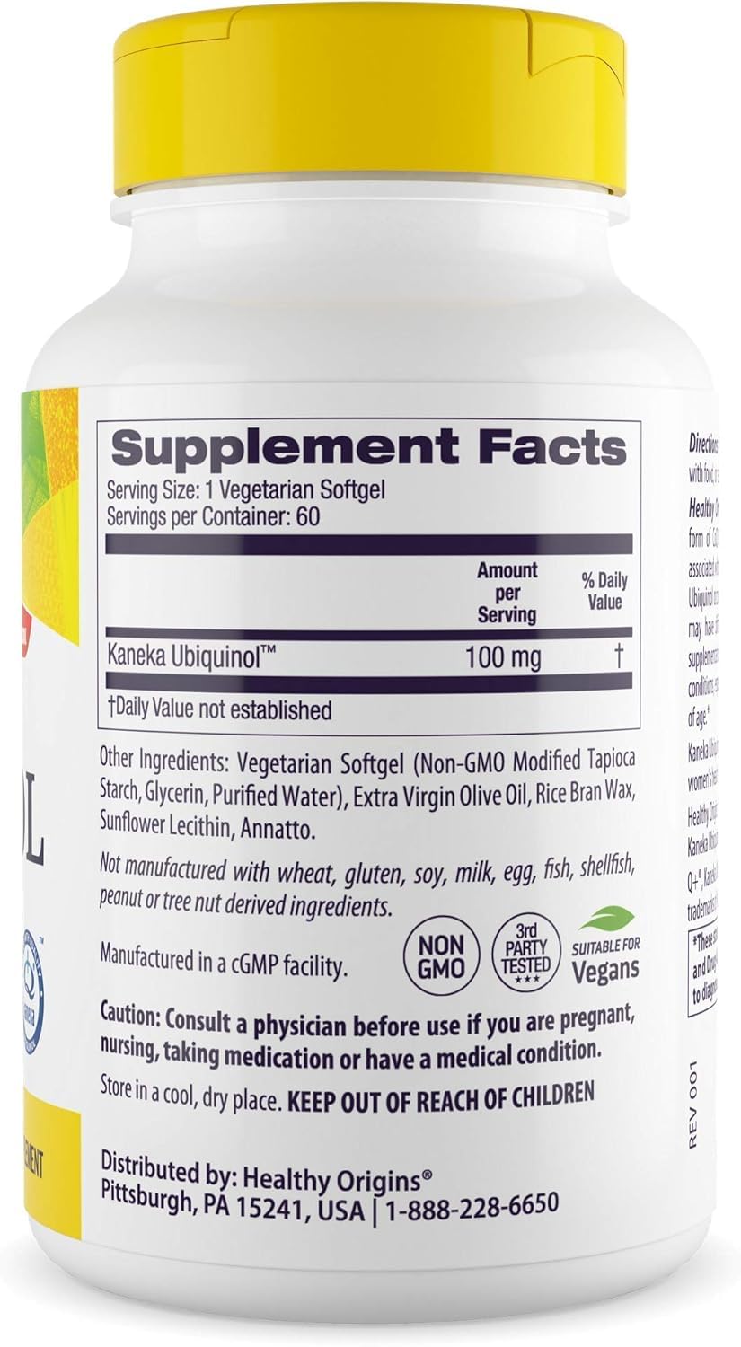 Gélules végétales Healthy Origins ubiquinol faciles à avaler.