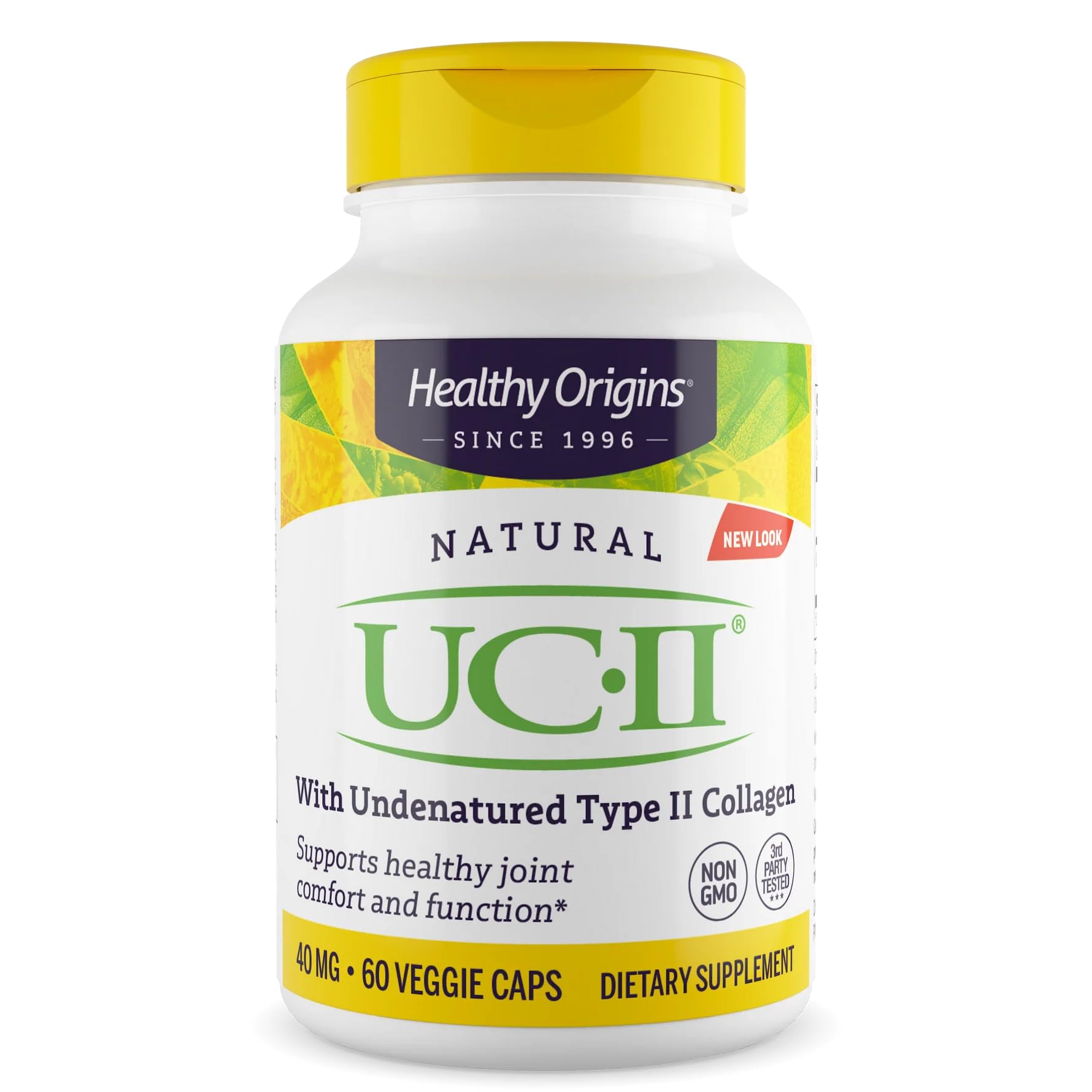 UC-II Healthy Origins emballage: étiquette lisible et informations essentielles sur le produit.