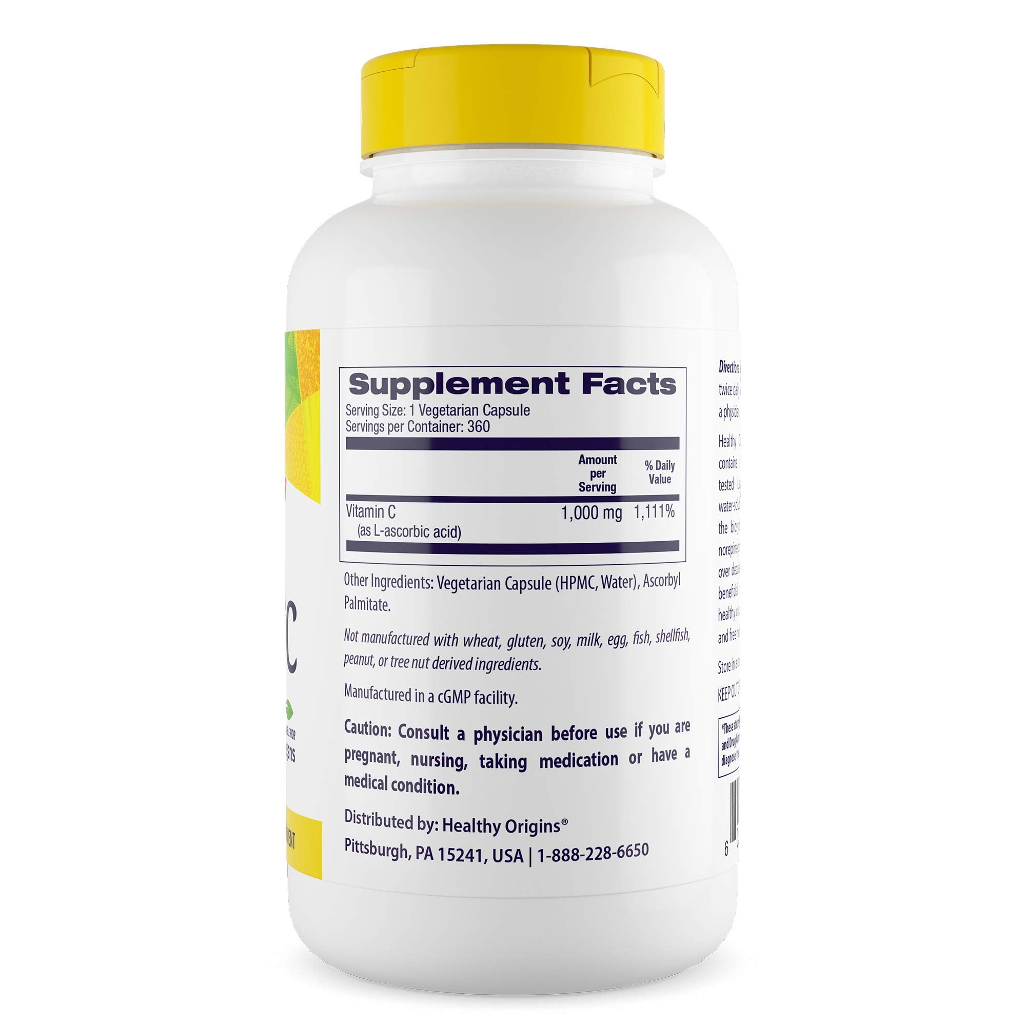 Healthy Origins Vitamine C, capsules végétales 360, format végan et haute concentration.