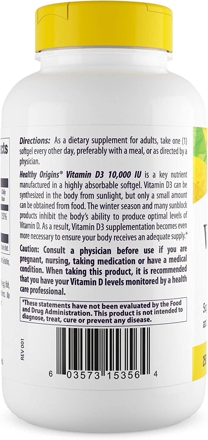 Healthy Origins Vitamine D3, etiquette-produit, mention sans gluten et sans lactose