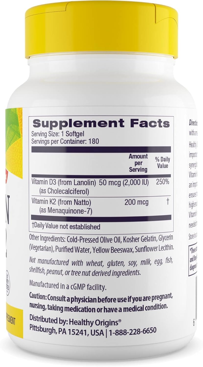 Healthy Origins D3-K2, étiquette claire, Non-GMO et testée.