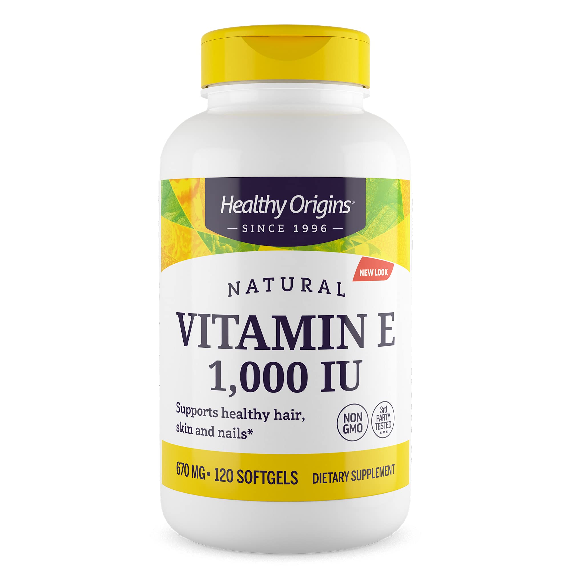 Healthy Origins Vitamine E 1000 UI bouteille affichant tocophérols mélangés pour la peau.