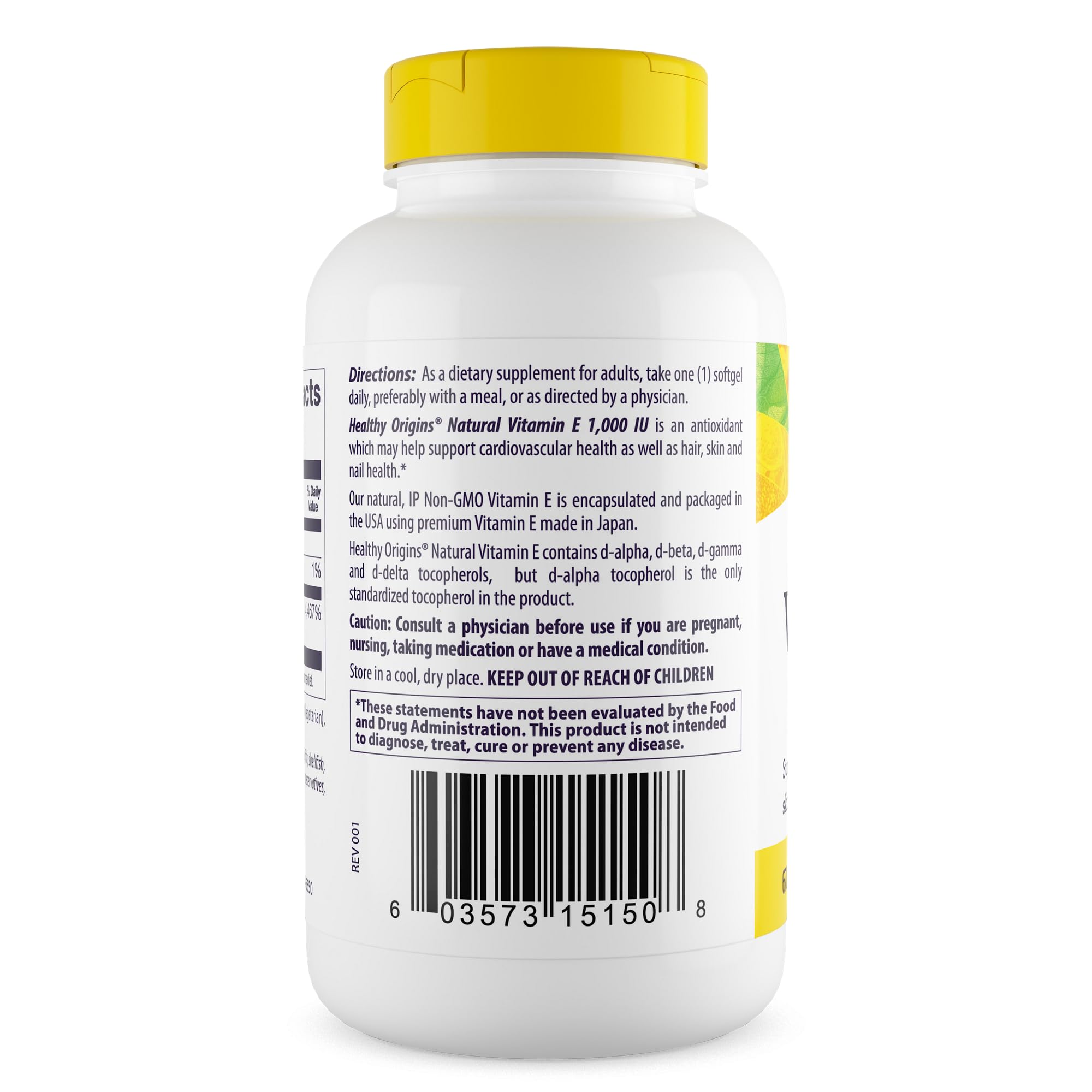 Healthy Origins Vitamine E 1000 UI étiquette lisible favorisant la routine cheveux et ongles.
