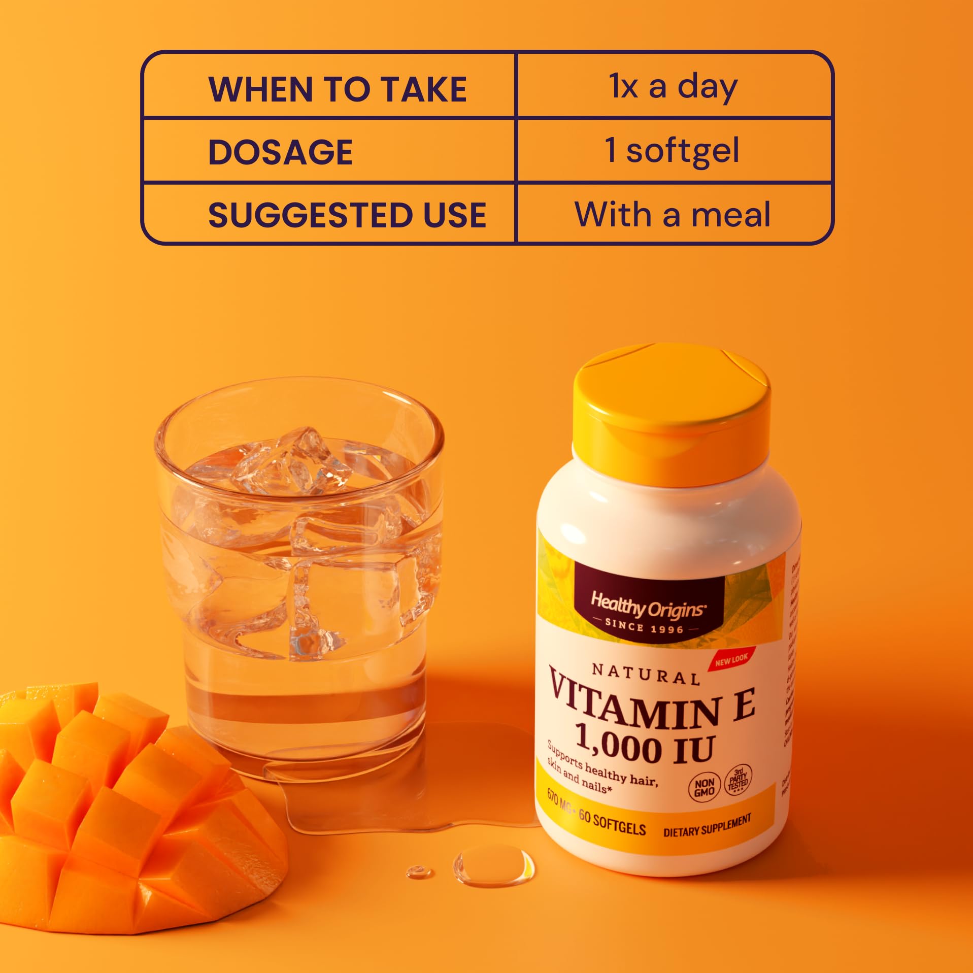 Healthy Origins Vitamine E 1000 UI informations nutritionnelles claires sans gluten et sans OGM.
