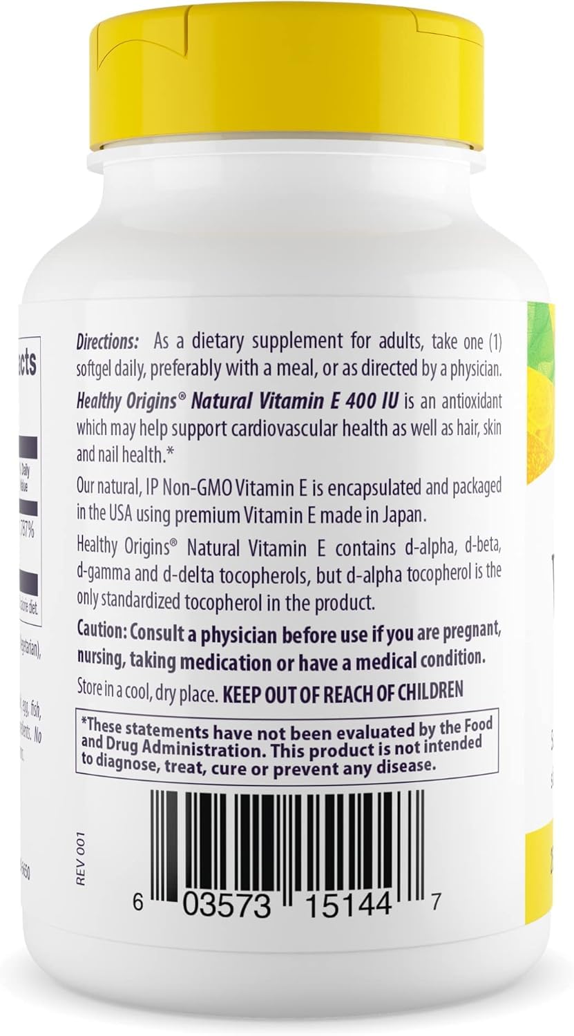 Healthy Origins Vitamine E 400 IU Softgel Capsules dorées — aspect visuel attrayant