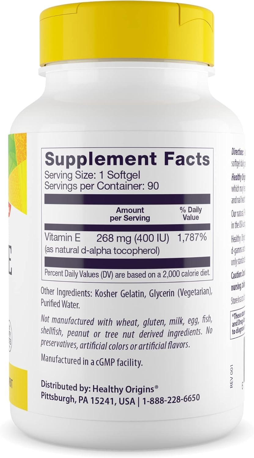 Healthy Origins Vitamine E 400 IU Softgel Etiquette — étiquette lisible et informative