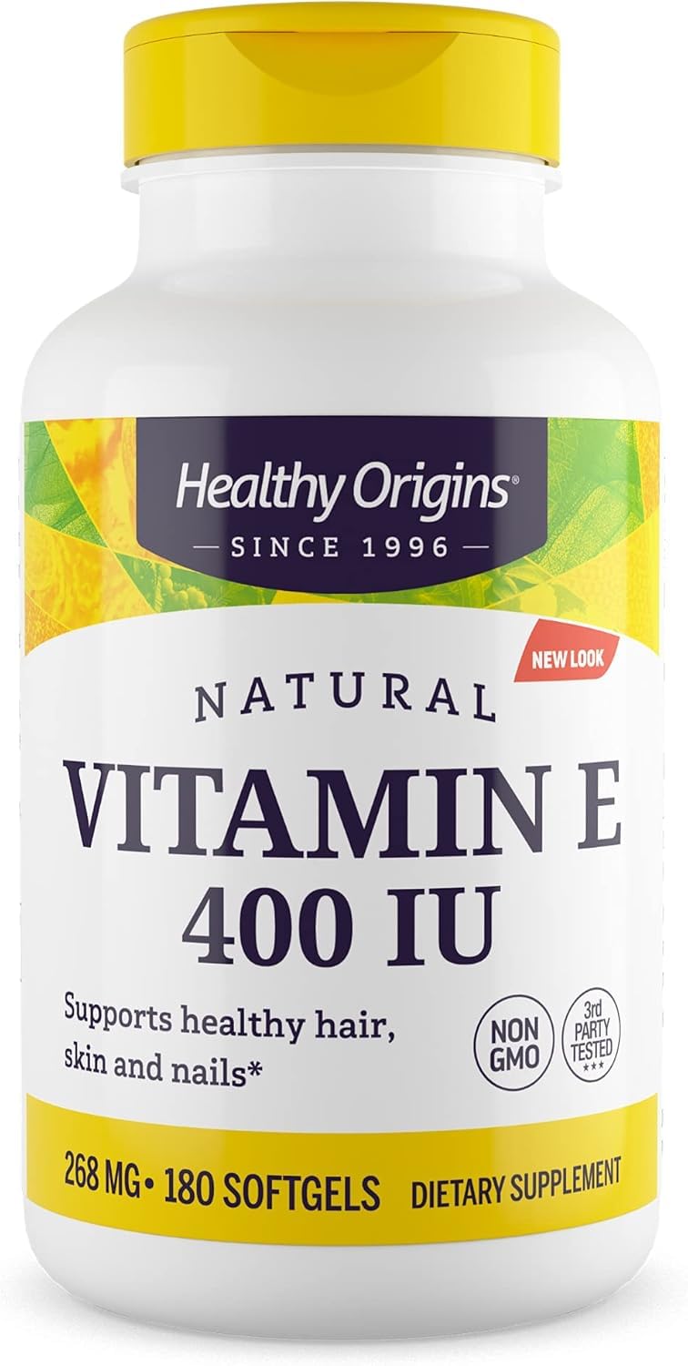 Healthy Origins Vitamine E 400 UI – bouteille prête à l’emploi pour usage quotidien.
