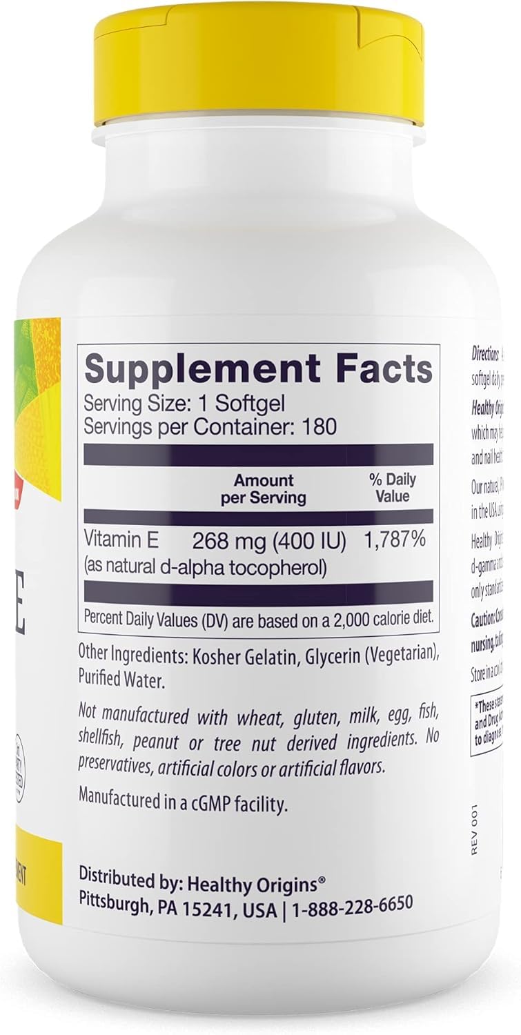 Étiquette Healthy Origins Vitamine E en gros plan, indiquant le dosage et les informations clés.